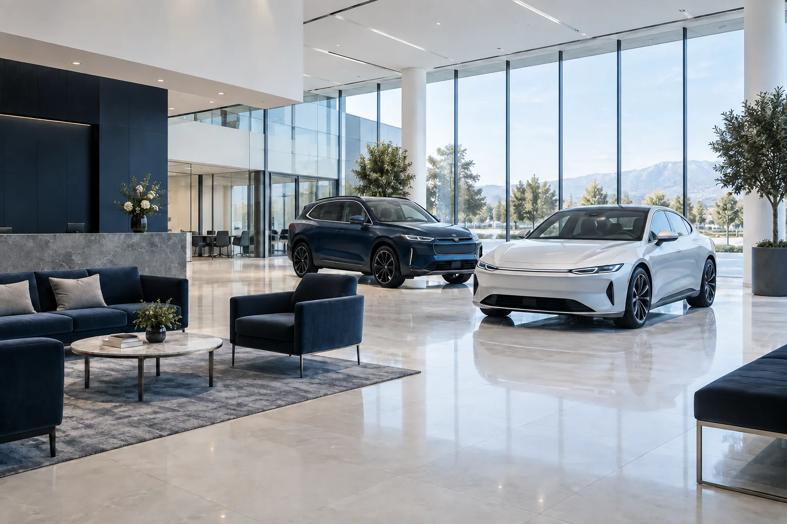Immaculate contemporary automotive showroom with unbranded vehicles