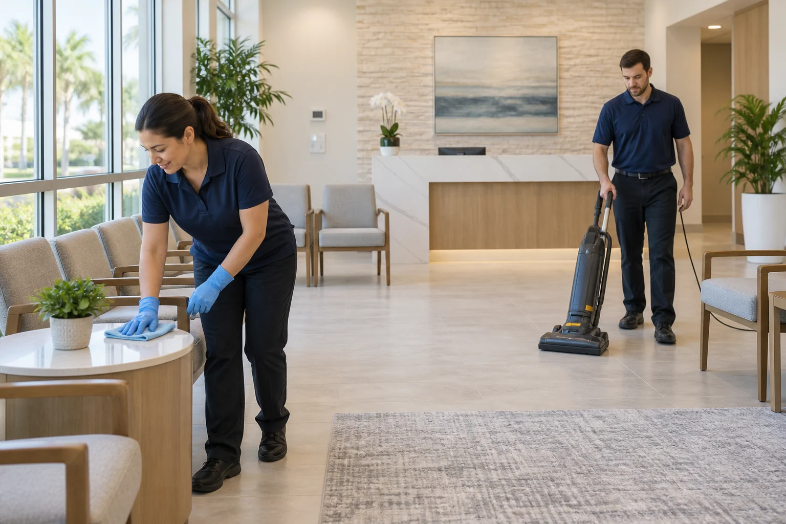 Two cleaners in navy uniforms cleaning a nonclinical outpatient waiting area