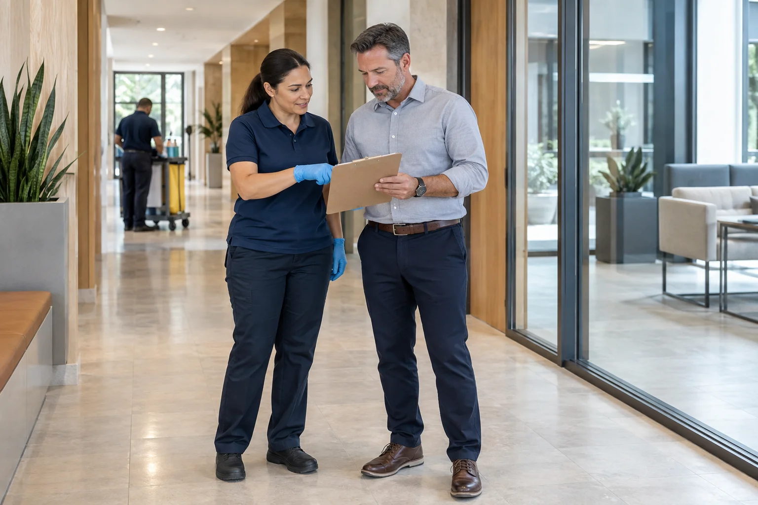 Uniformed cleaning supervisor reviewing a facility plan with a manager
