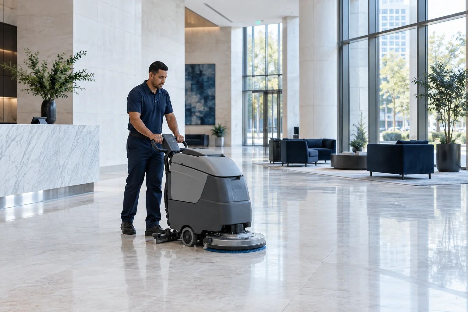 Professional operating a floor scrubber in a bright commercial lobby