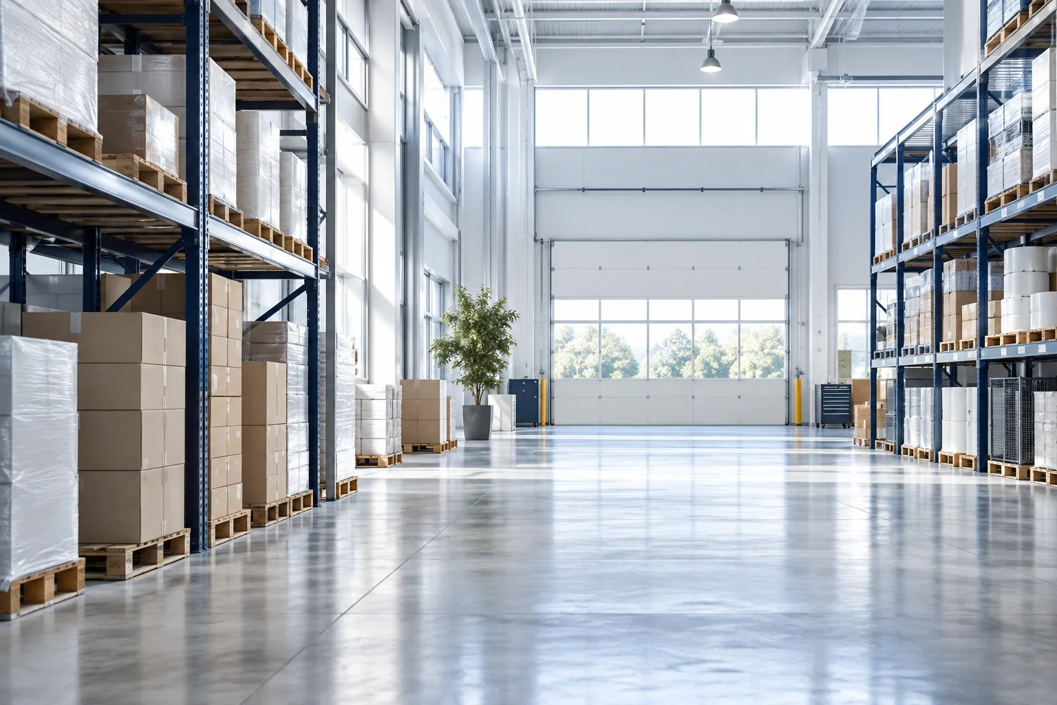 Orderly light-industrial warehouse with clean concrete aisles