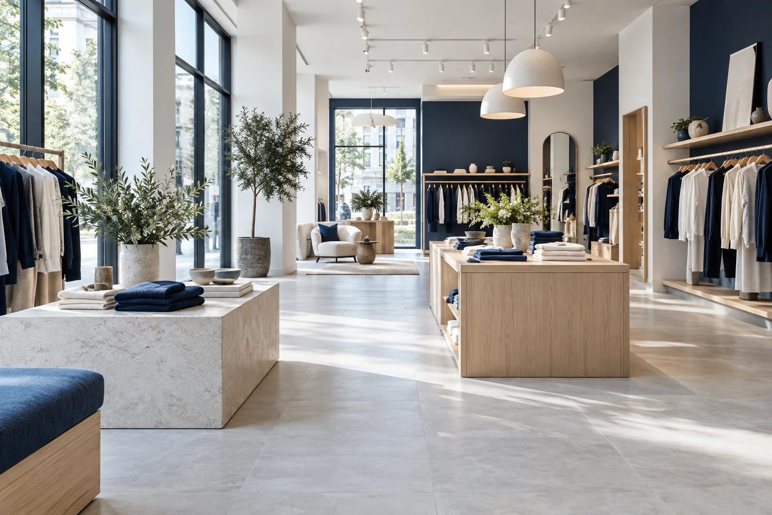 Refined contemporary retail interior with clean floors and orderly displays