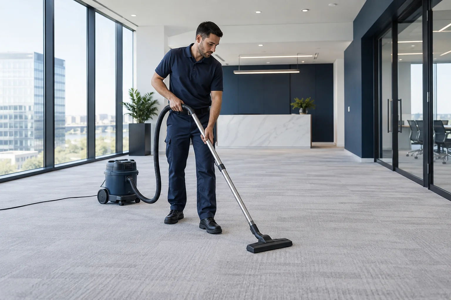 Professional vacuuming a vacant modern office suite before a tenant handover